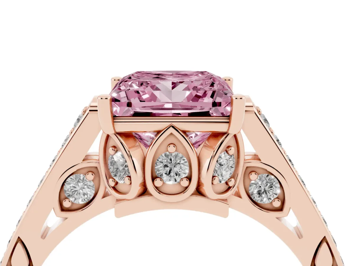 Fancy Pink Princess Cut Cut Cathedral Pave Diamond Engagement Ring with Six-Prong Setting Rose gold
