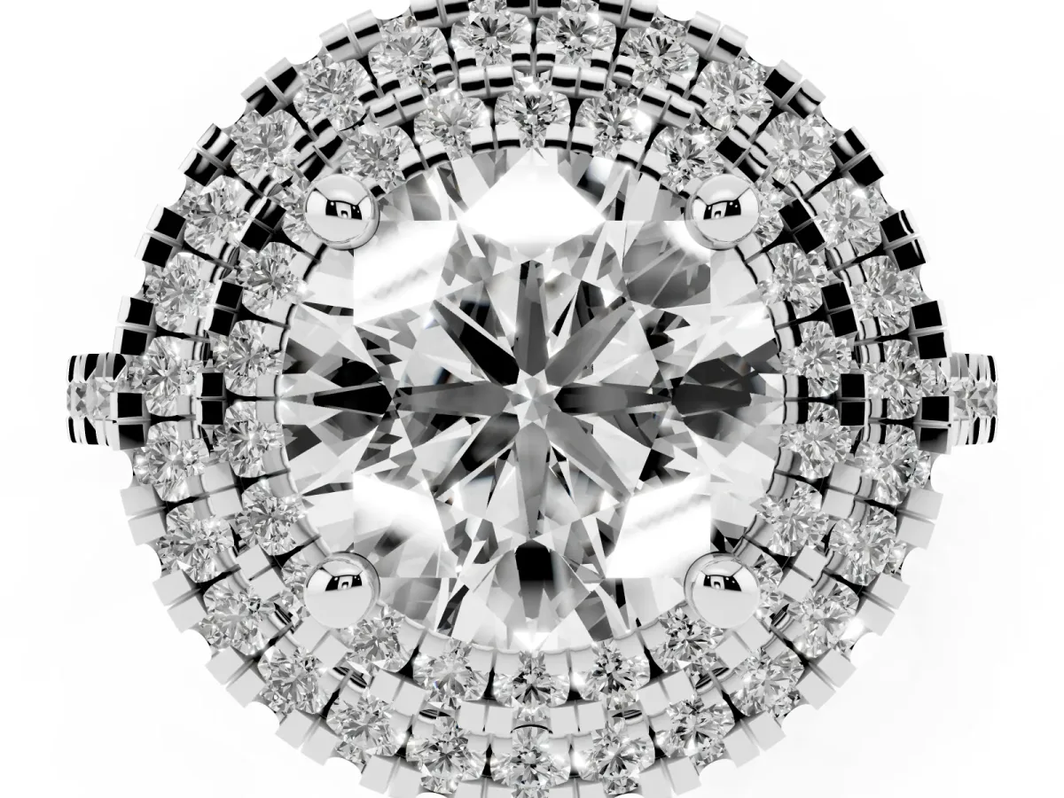 Double Halo Round Cut Diamond Pavé Band with Four-Prong Setting Silver