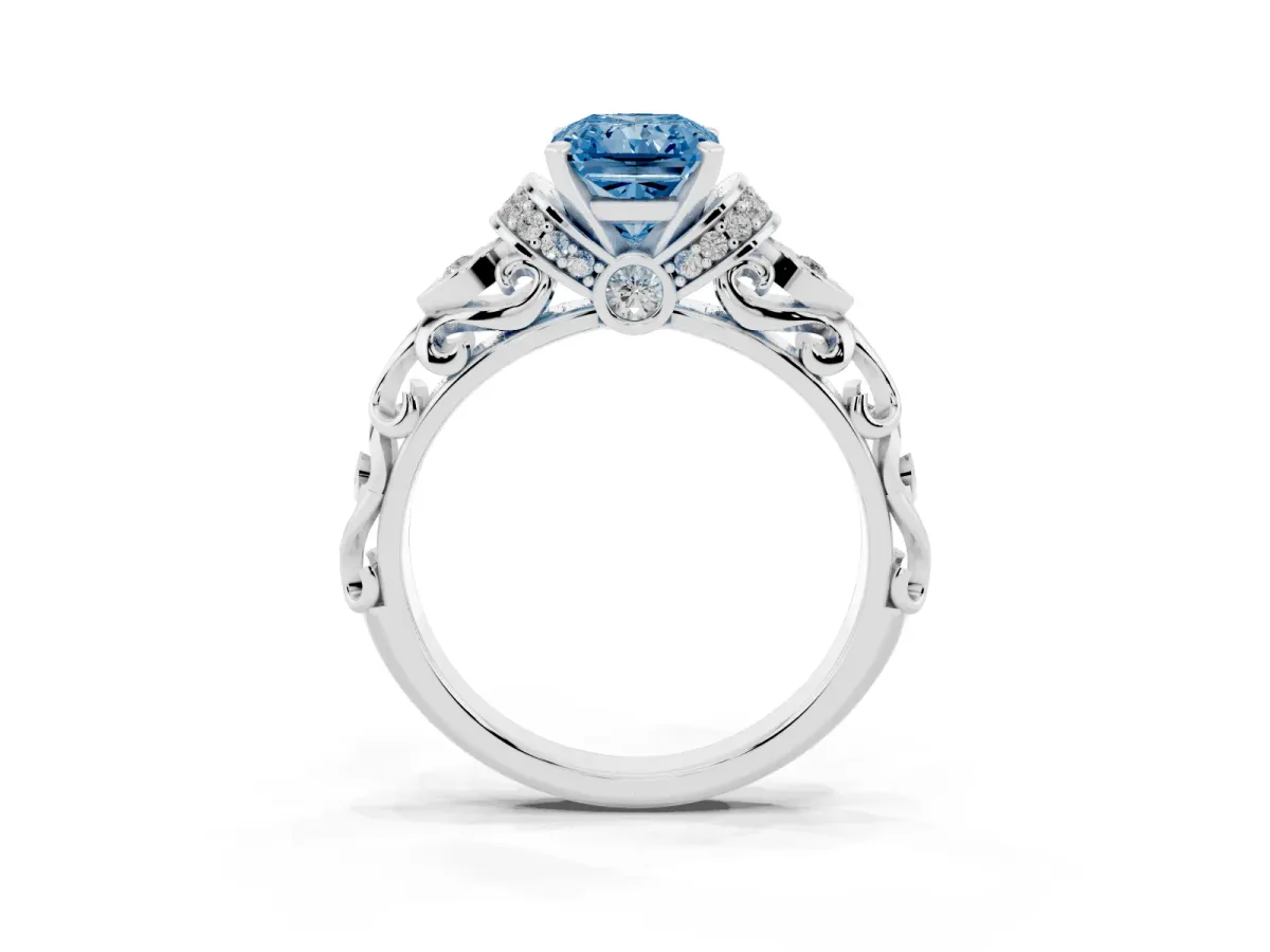 Fancy Blue Radiant Cut Diamond Solitaire Ring with Filigree Band and Four-Prong Setting Silver