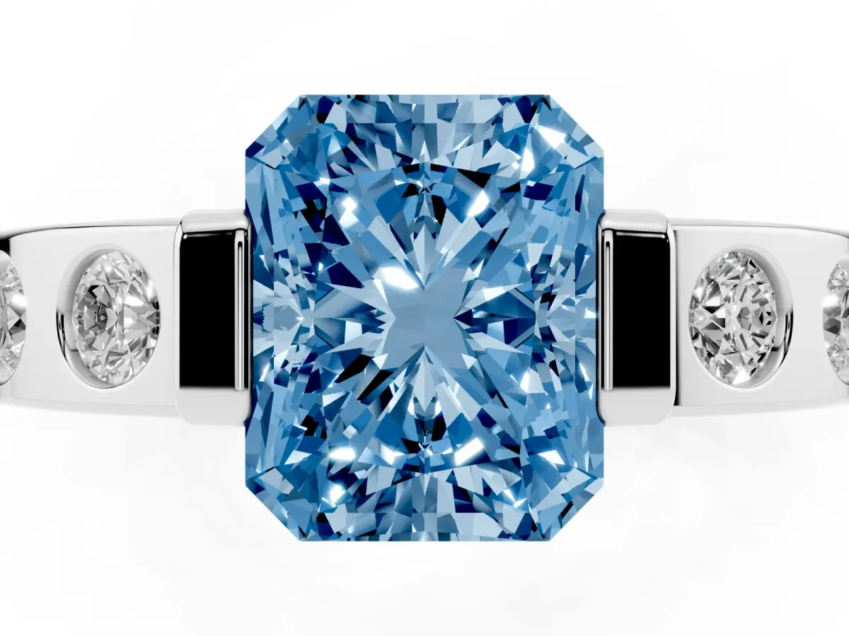 Fancy Blue Radiant Cut Brilliant Channel-Set Diamond Ring with Bezel Prong Setting Silver