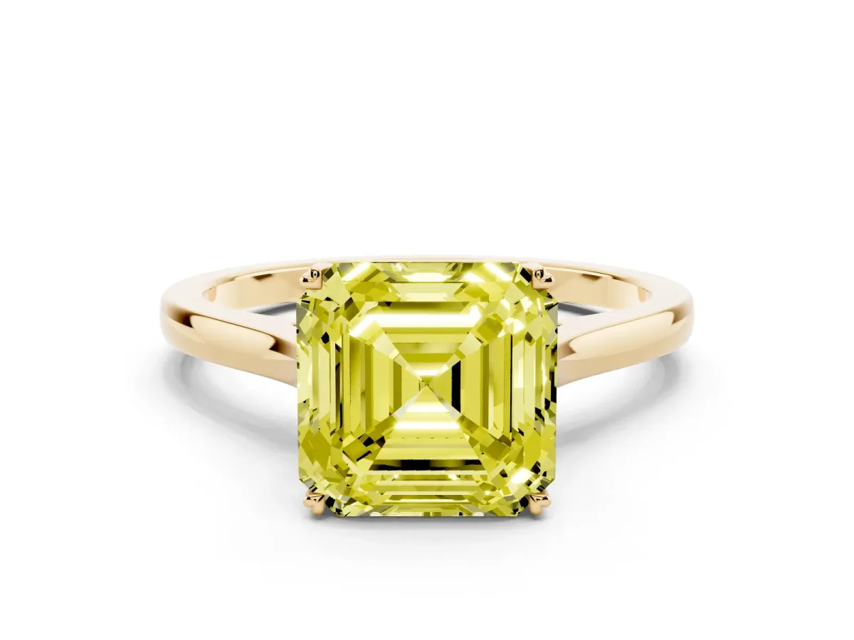 Fancy Yellow Asscher Cut Solitaire Heart Prong Engagement Ring with Tapered Band Yellow gold