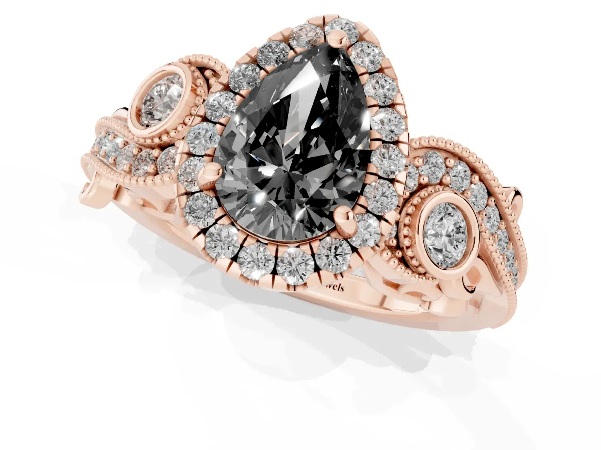 Fancy Black Pear Cut Halo Diamond Ring with Milgrain and Bezel Accents on a Split Shank Band Rose gold