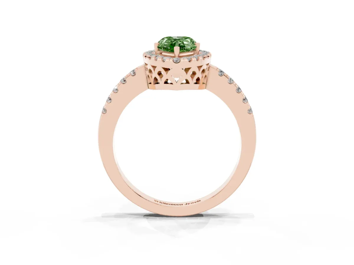 Fancy Green Pear Cut Halo Diamond Engagement Ring with Pavé Band and Four-Prong Setting Rose gold