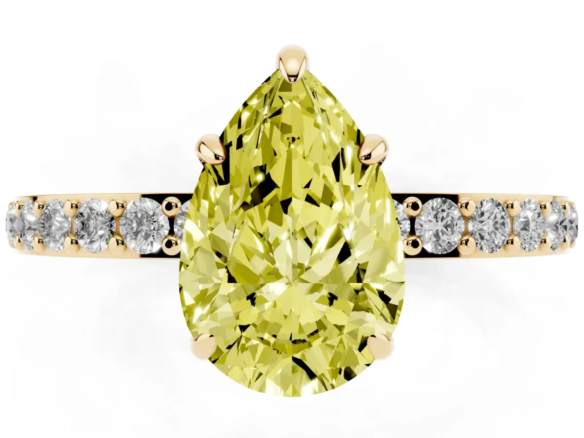 Fancy Yellow Pear Cut Diamond Pavé Engagement Ring with Round Accents and Prong Setting Yellow gold