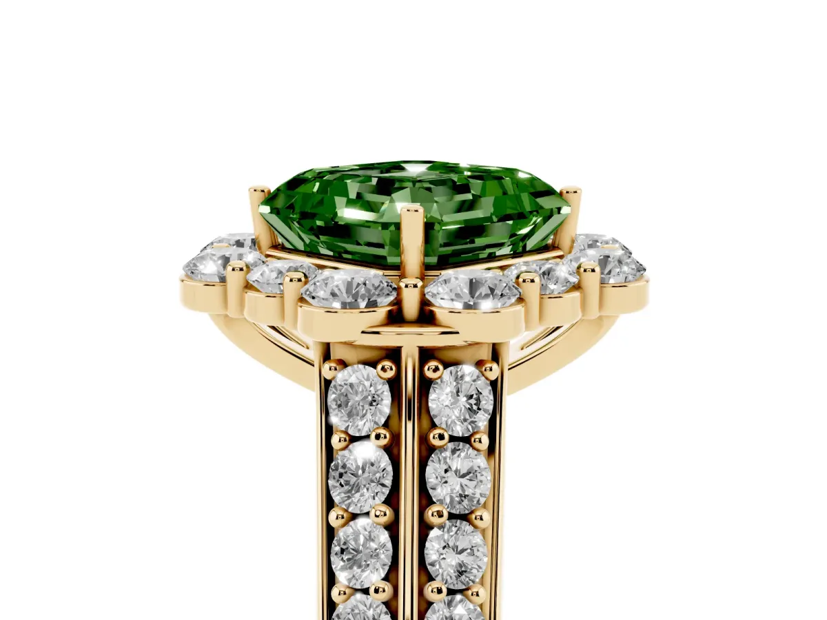 Fancy Green Asscher Cut Halo Diamond Engagement Ring with Split Shank and Prong Setting Yellow gold