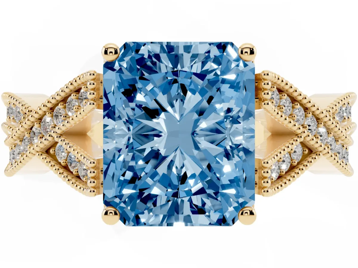 Fancy Blue Radiant Cut Cut Diamond Twisted Band with Milgrain Pave Setting and Four-Prong Setting Yellow gold