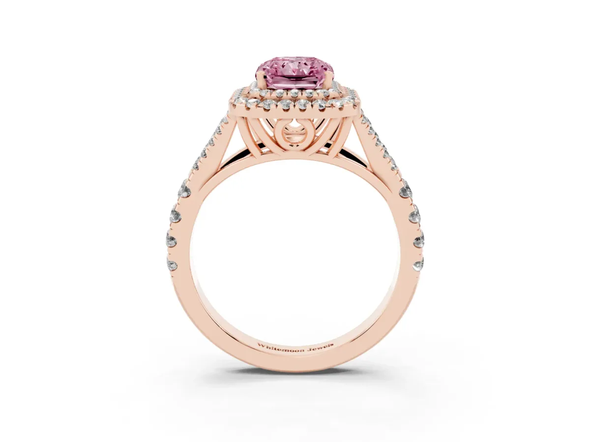 Fancy Pink Radiant Cut Diamond Double Halo Ring with Split Shank and Prong Setting Rose gold