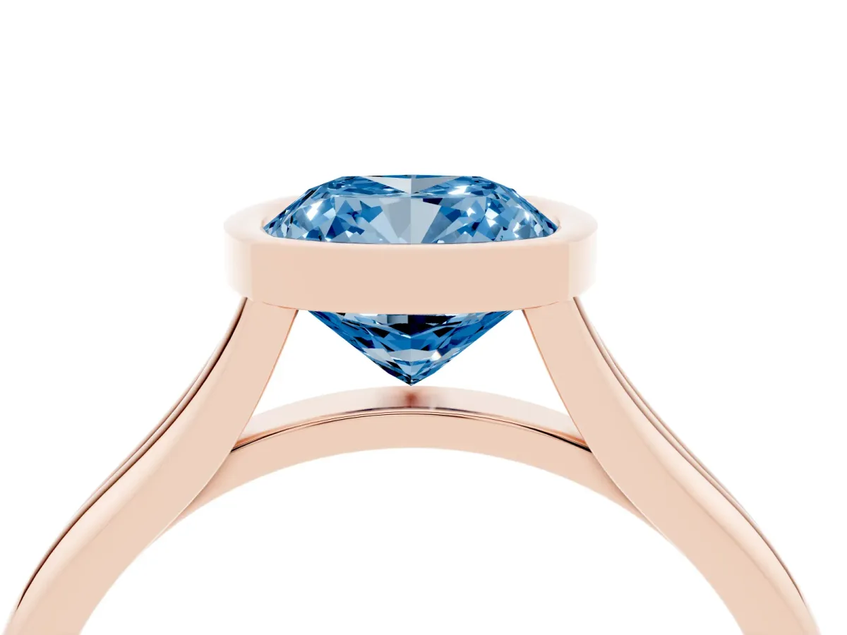 Fancy Blue Bezel Set Cushion Cut Cut Solitaire Ring with Tapered Band Rose gold
