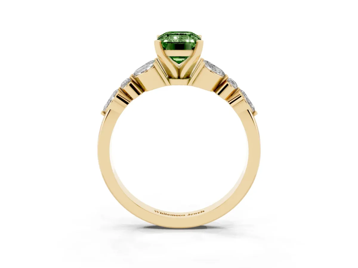 Fancy Green Emerald Cut Diamond Solitaire Ring with Side Stones and Four-Prong Setting Yellow gold