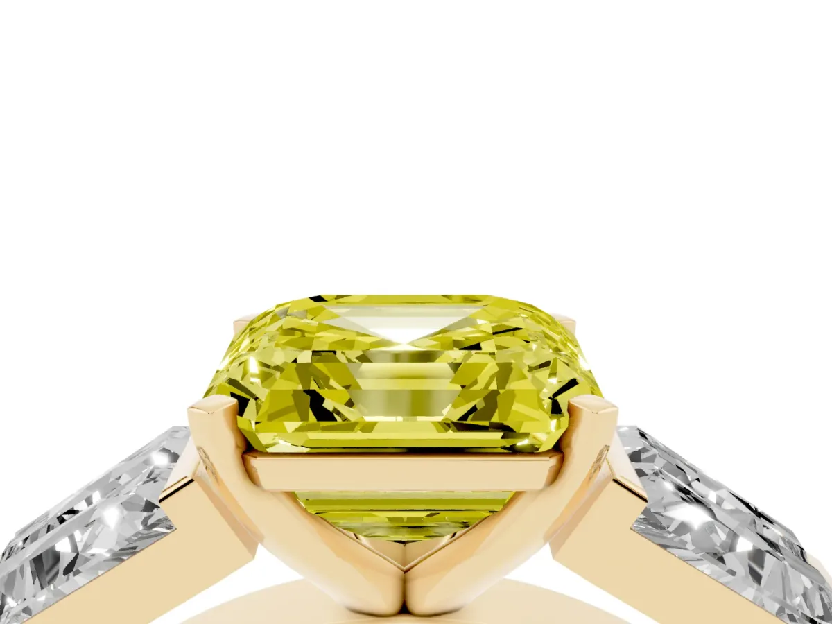Fancy Yellow Asscher Cut Diamond Engagement Ring with Baguette Side Stones and Channel Set Band Yellow gold