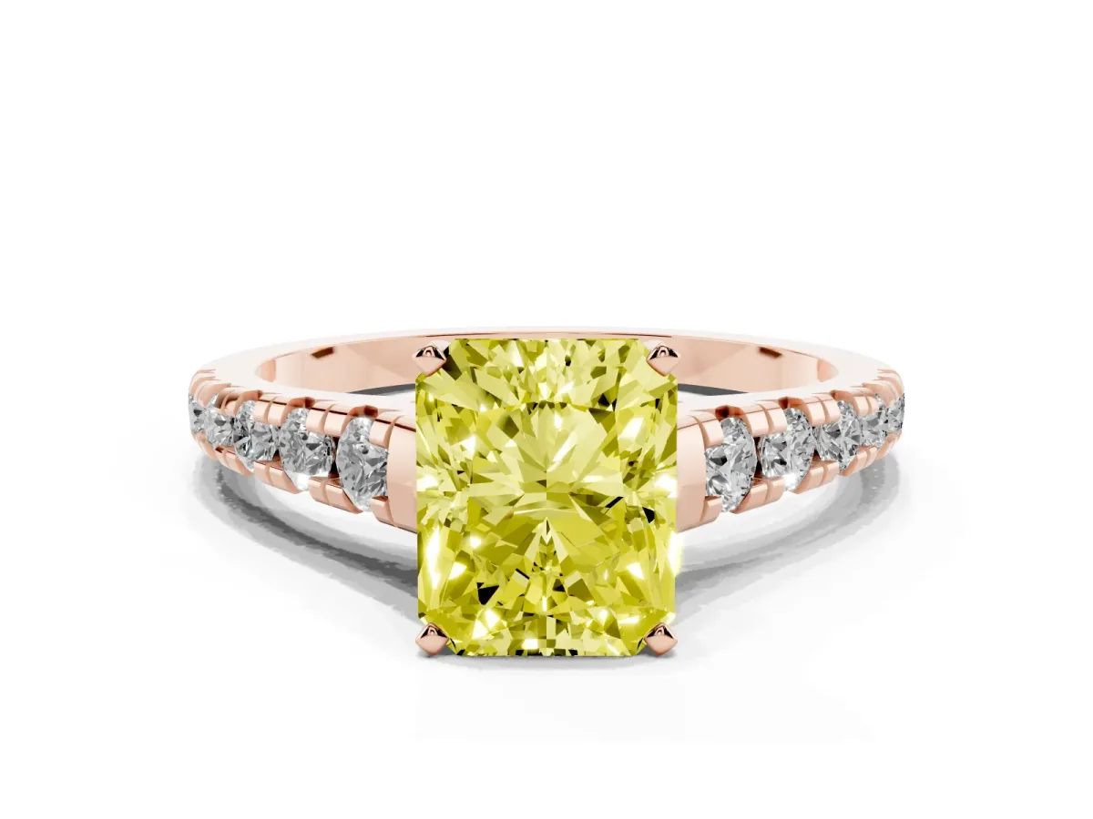 Fancy Yellow Radiant Cut Diamond Cathedral Solitaire Ring with Round Pavé Band Rose gold