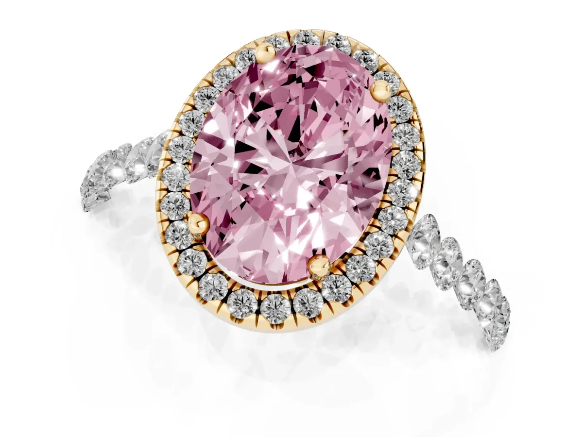 Fancy Pink Oval Cut Halo Pavé Diamond Engagement Ring with Four-Prong Setting Yellow gold