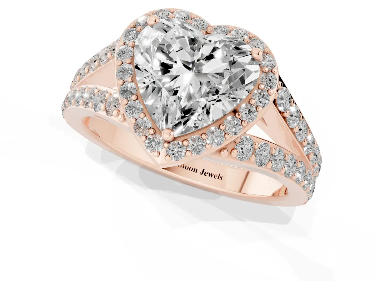 Heart Cut Diamond Split Shank Halo Ring with Four-Prong Setting Rose gold
