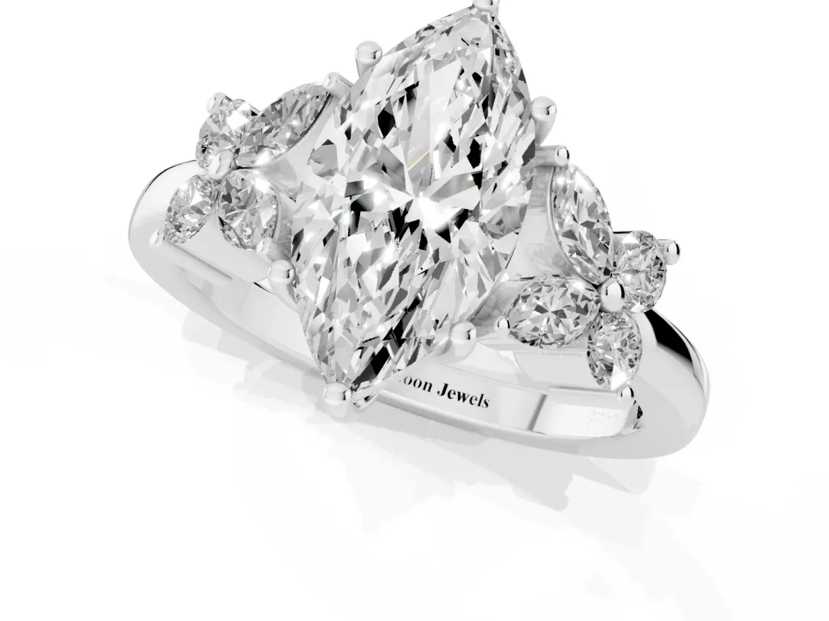 Marquise Cut Diamond Floral Cluster Ring with Solitaire Band and Prong Setting Silver