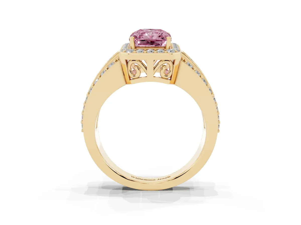 Fancy Pink Radiant Cut Halo Diamond Ring with Round Split Shank and Prong Setting Yellow gold
