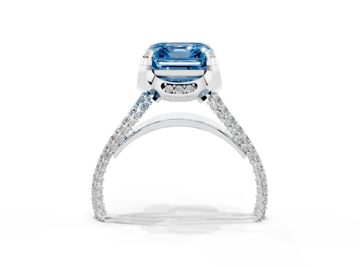 Fancy Blue Asscher Cut Solitaire Pave Split Shank Ring with Four-Prong Setting White gold
