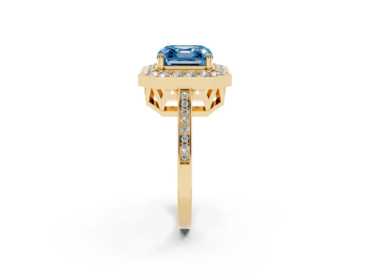 Fancy Blue Asscher Cut Diamond Halo Ring with Split Shank and Four-Prong Setting Yellow gold