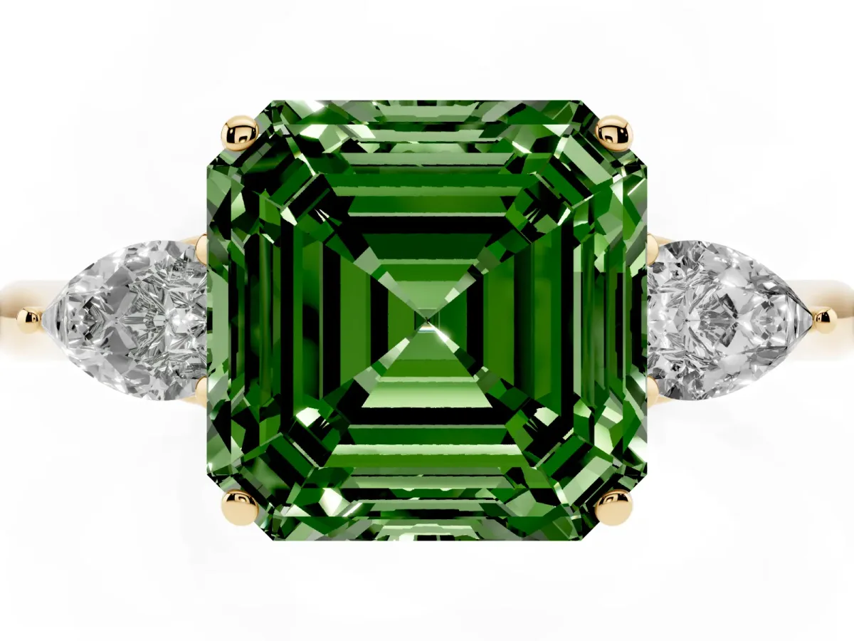 Fancy Green Three-Stone Asscher Cut Diamond Ring with Pear Side Stones in Four-Prong Setting Yellow gold