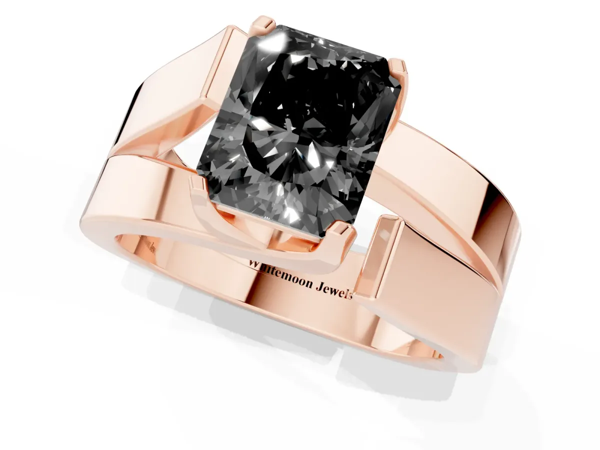 Fancy Black Modern Tension Set Radiant Cut Diamond Solitaire Wide Band Ring Rose gold