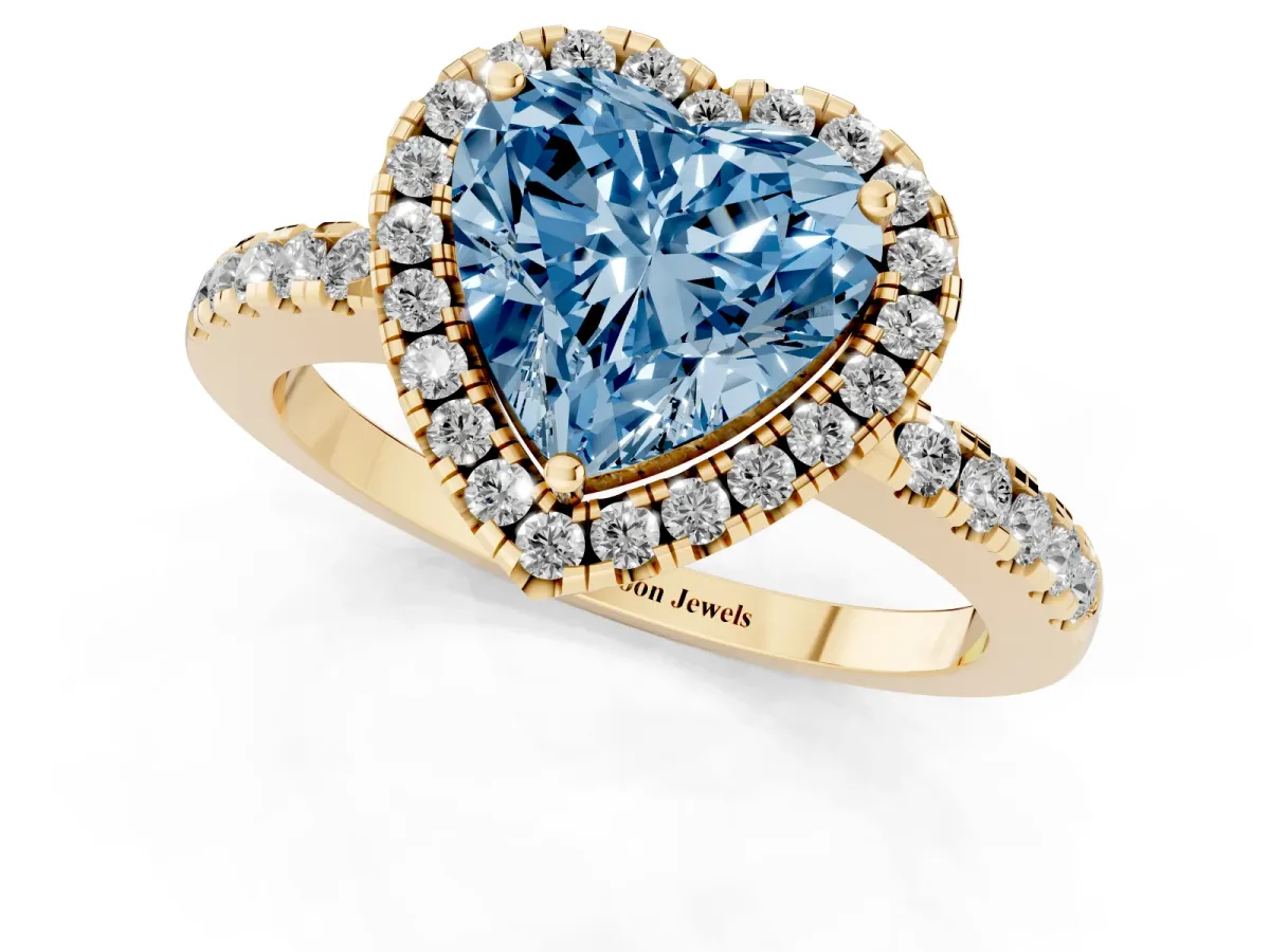 Fancy Blue Heart Cut Halo Diamond Engagement Ring with Pavé Band and Four-Prong Setting Yellow gold