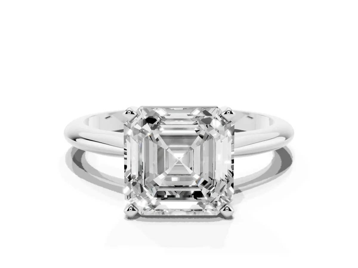 Asscher Cut Cut Solitaire Ring with Four-Prong Setting on a Classic Band Silver