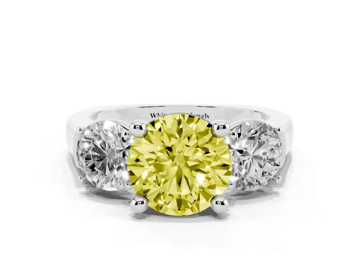 Fancy Yellow Three-Stone Round Cut Brilliant Diamond Trellis Ring with Comfort Fit Band White gold