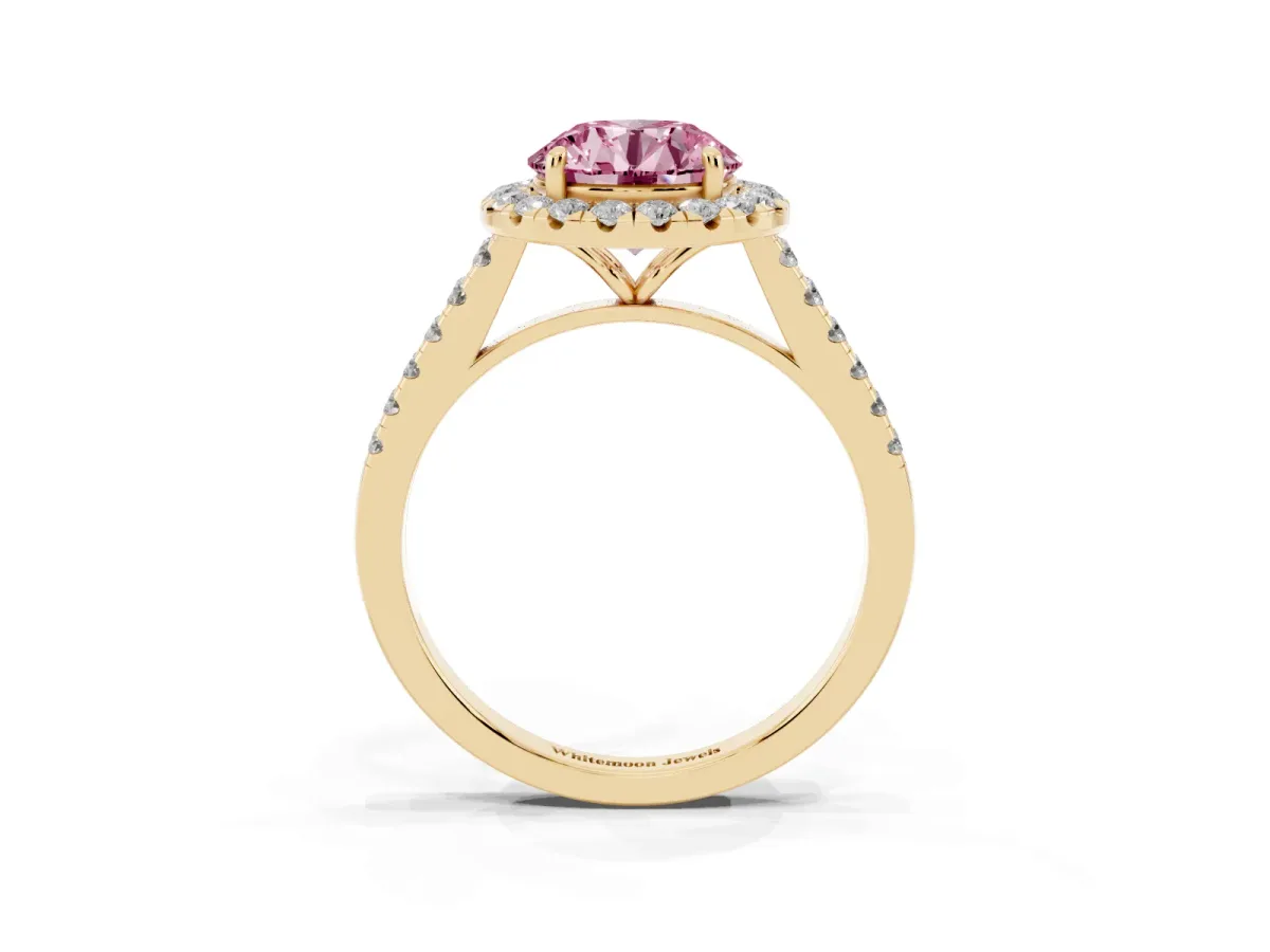 Fancy Pink Round Cut Halo Pave Diamond Engagement Ring with Four-Prong Setting Yellow gold
