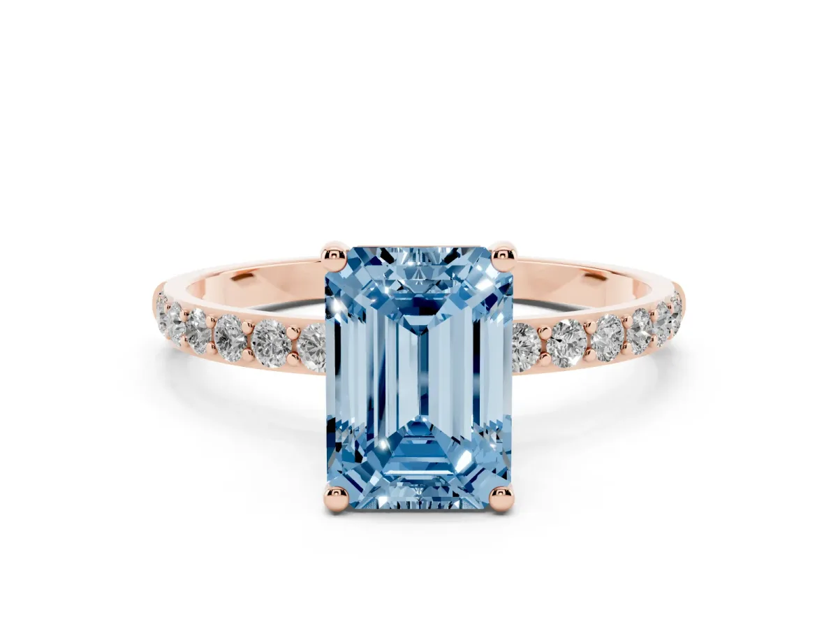 Fancy Blue Emerald Cut Diamond Solitaire Ring with Round Pavé Shoulders and Prong Setting Rose gold