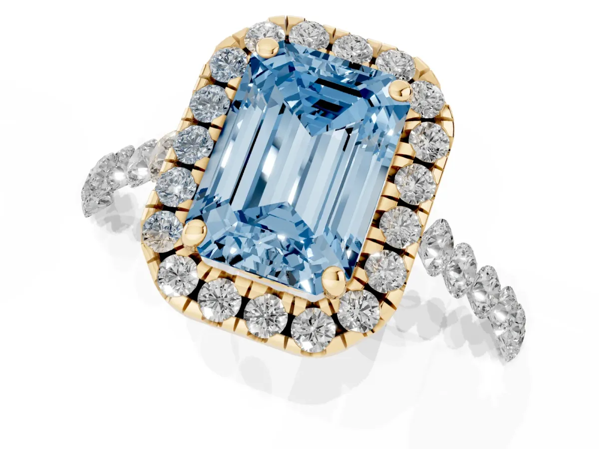 Fancy Blue Emerald Cut Halo Pavé Diamond Engagement Ring with Four-Prong Setting Yellow gold