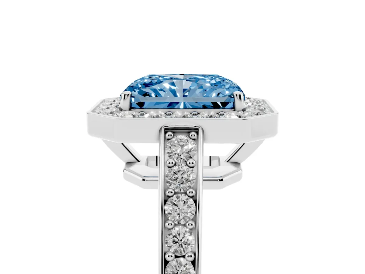 Fancy Blue Radiant Cut Halo Pavé Diamond Engagement Ring with Bezel Setting Platinum