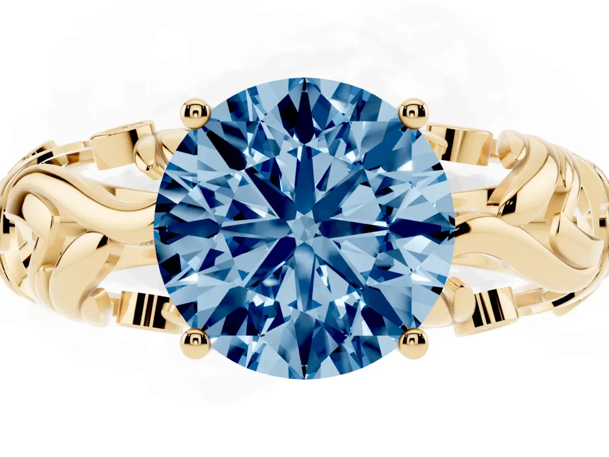 Fancy Blue Round Cut Solitaire Diamond Leaf-Inspired Vine Band Ring with Prong Setting Yellow gold