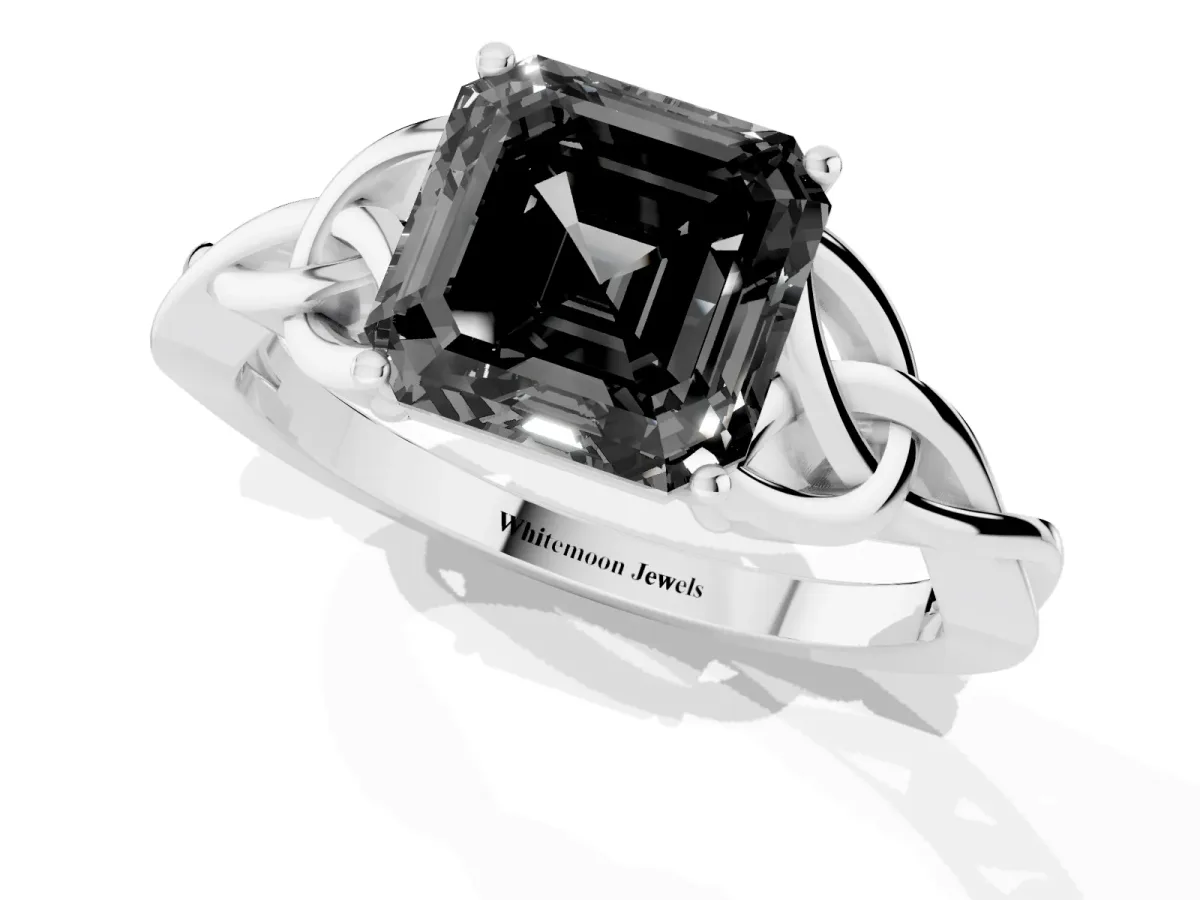 Fancy Black Asscher Cut Diamond Solitaire Engagement Ring with Celtic Knot Band and Four-Prong Setting Silver