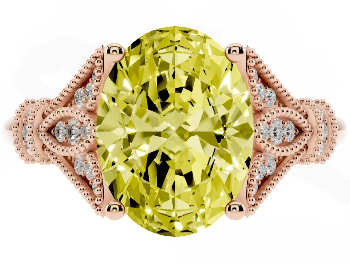 Fancy Yellow Oval Cut Diamond Solitaire Ring with Floral Filigree and Pave Accents Rose gold