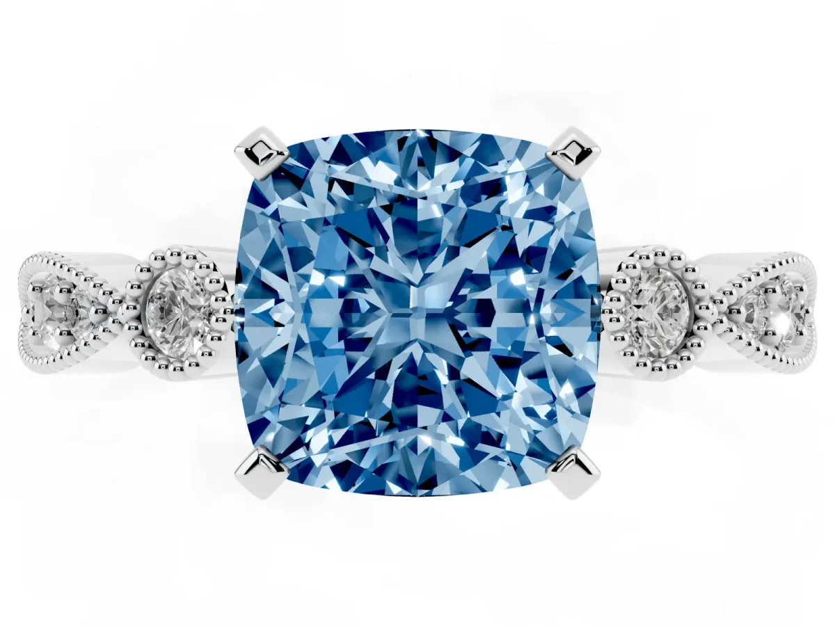 Fancy Blue Cushion Cut Milgrain Bezel Diamond Engagement Ring with Solitaire Prong Setting Platinum