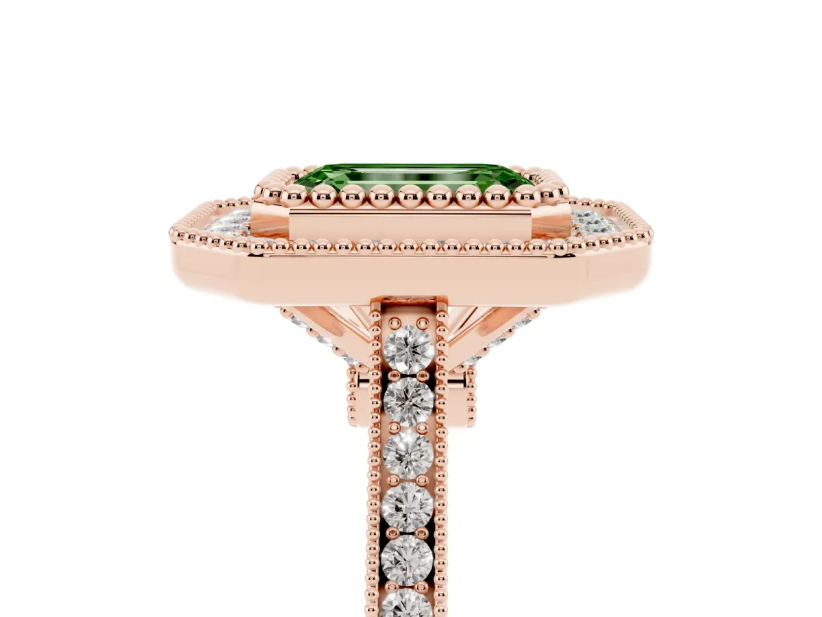 Fancy Green Emerald Cut Diamond Halo Ring with Milgrain Frame and Pavé Band Rose gold