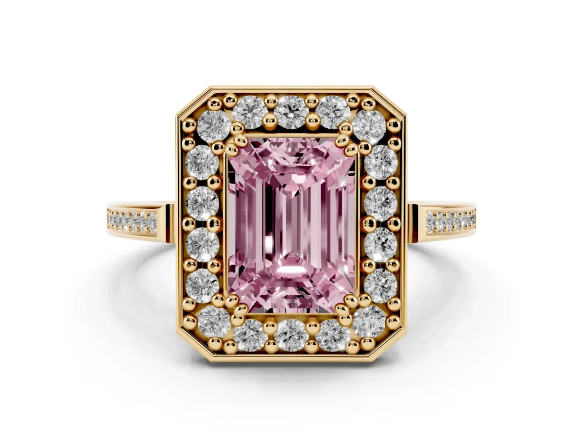 Fancy Pink Emerald Cut Diamond Halo Ring with Split Shank and Four-Prong Setting Yellow gold