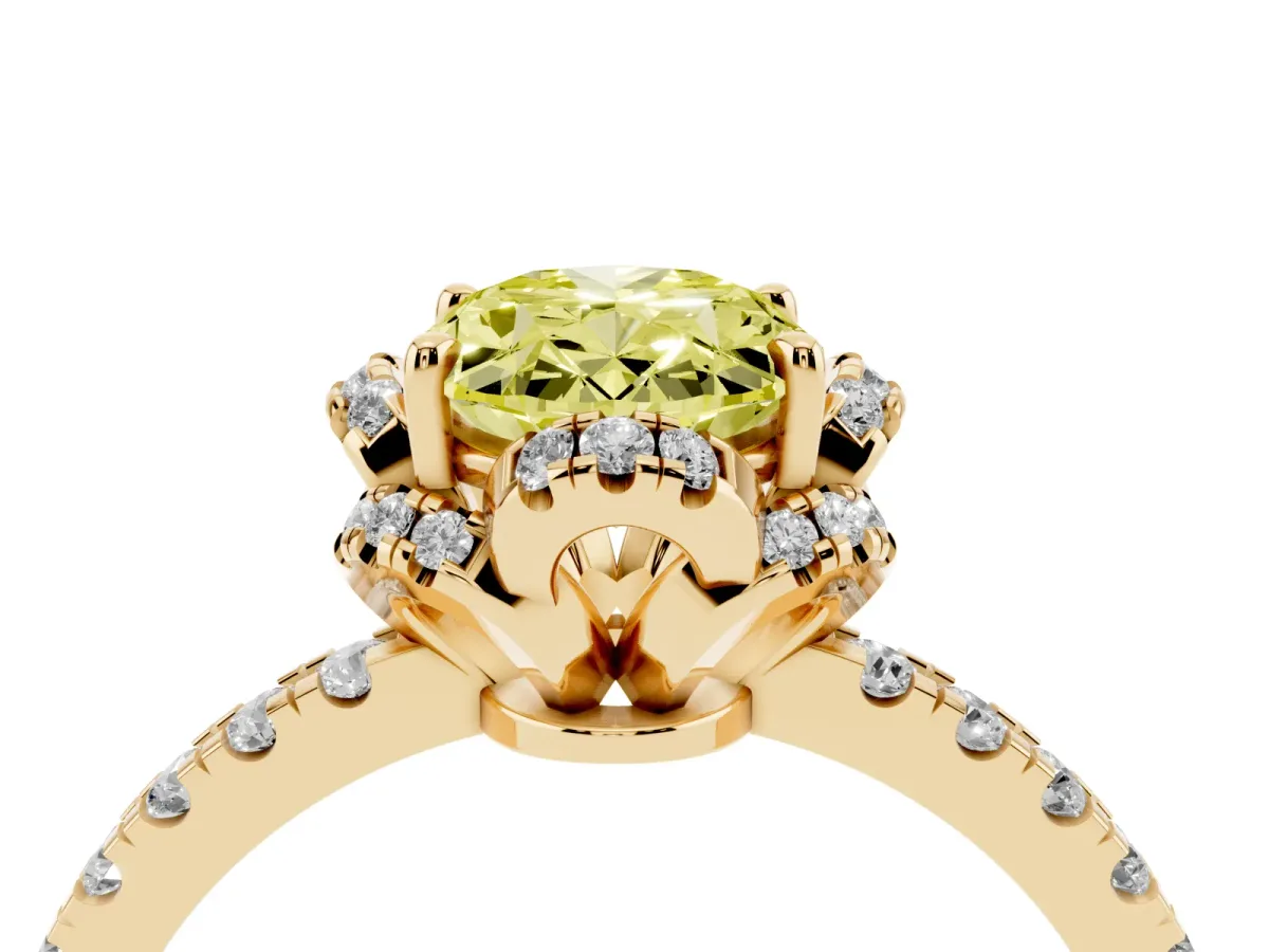Fancy Yellow Oval Cut Diamond Halo Pave Band with Four-Prong Setting Yellow gold