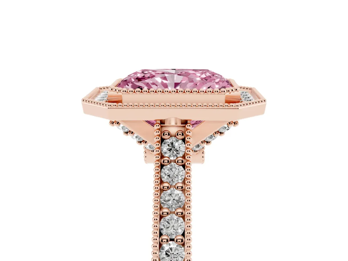 Fancy Pink Halo Radiant Cut-Cut Diamond Pave Band Milgrain Prong Setting Ring Rose gold