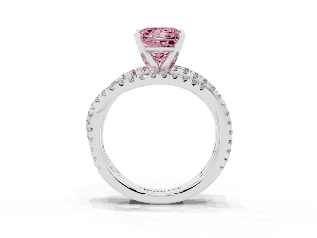 Fancy Pink Princess Cut Solitaire Twist Band with Pavé Setting and Four-Prong Setting Platinum