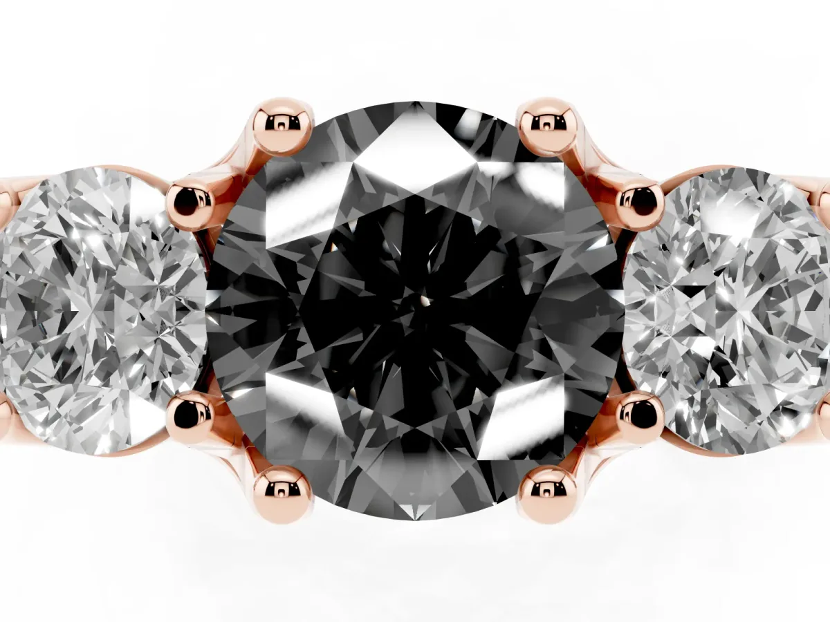 Fancy Black Round Cut Diamond Three-Stone Ring with Channel Set Band and Four-Prong Setting Rose gold