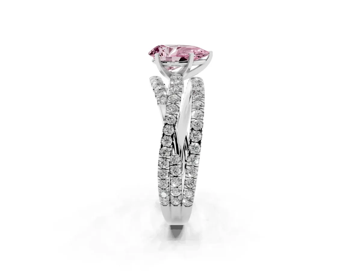 Fancy Pink Pear Cut Solitaire Twist Band with Pavé Setting and Four-Prong Setting Silver