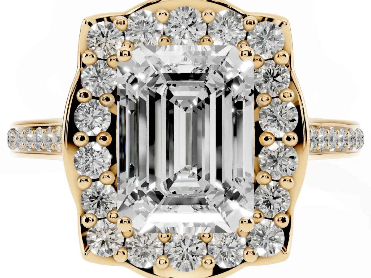 Emerald Cut Halo Round Diamond Pave Band with Four-Prong Setting Yellow gold