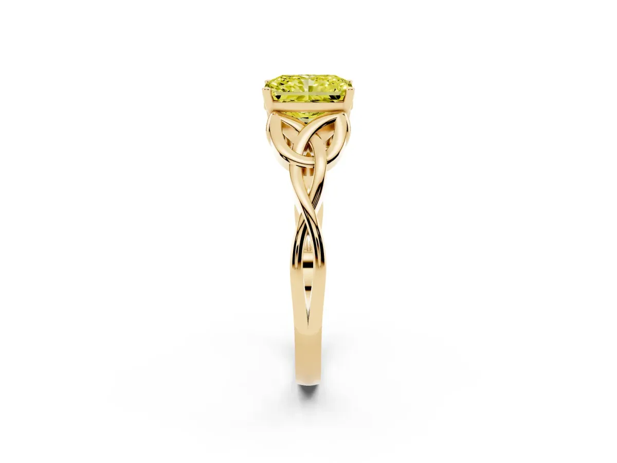 Fancy Yellow Radiant Cut Diamond Solitaire Engagement Ring with Celtic Knot Band and Four-Prong Setting Yellow gold