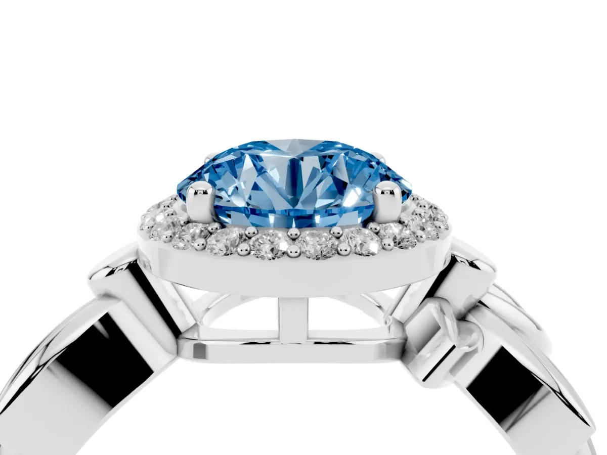 Fancy Blue Round Cut Halo Diamond Floral Band with Four-Prong Setting Platinum