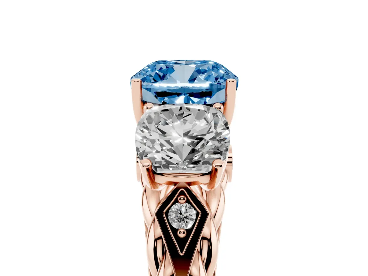 Fancy Blue Three-Stone Cushion Cut Diamond Braided Band Ring with Four-Prong Setting Rose gold