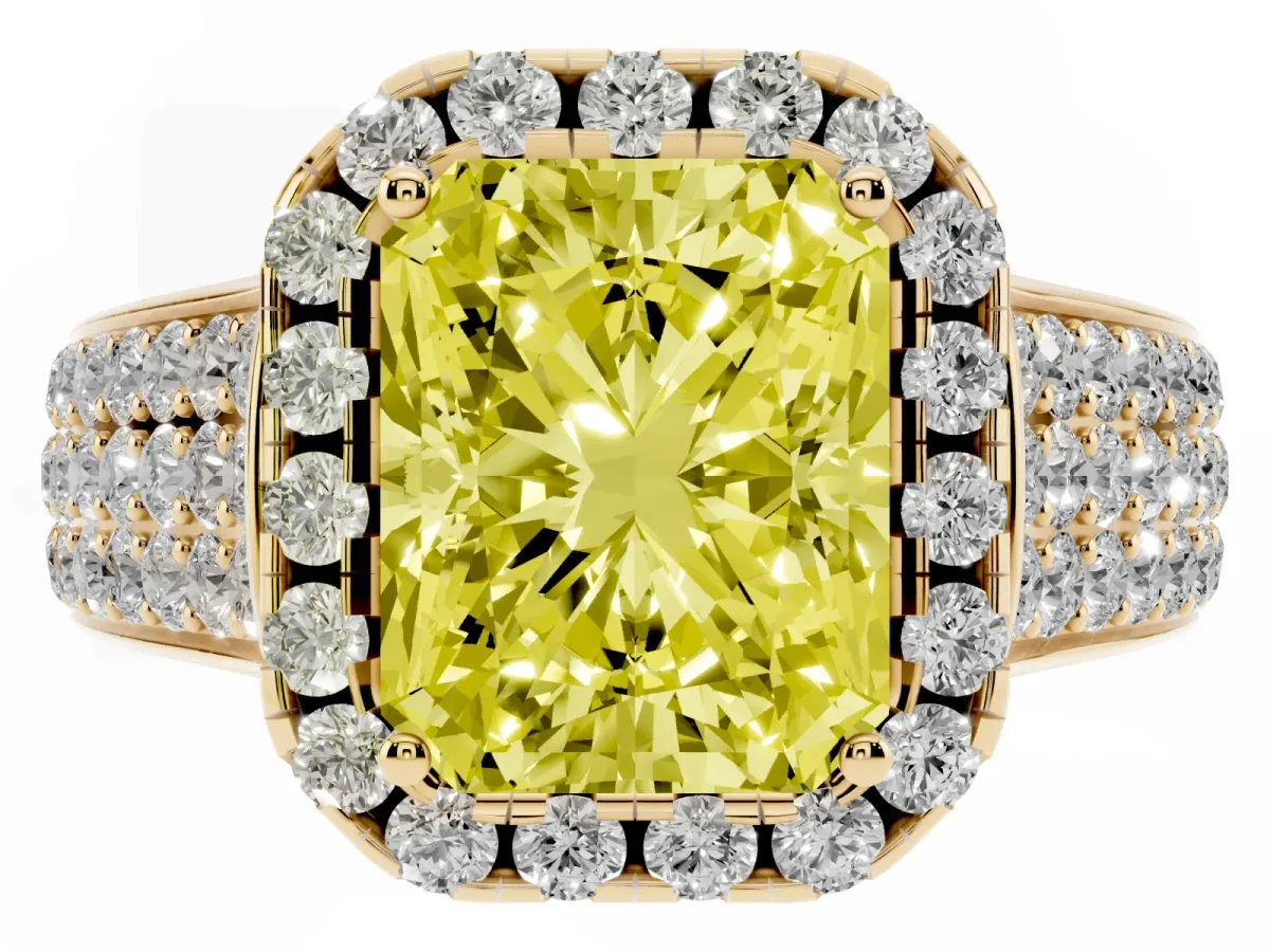 Fancy Yellow Radiant Cut Halo Round Diamond Pave Band with Prong Setting Yellow gold