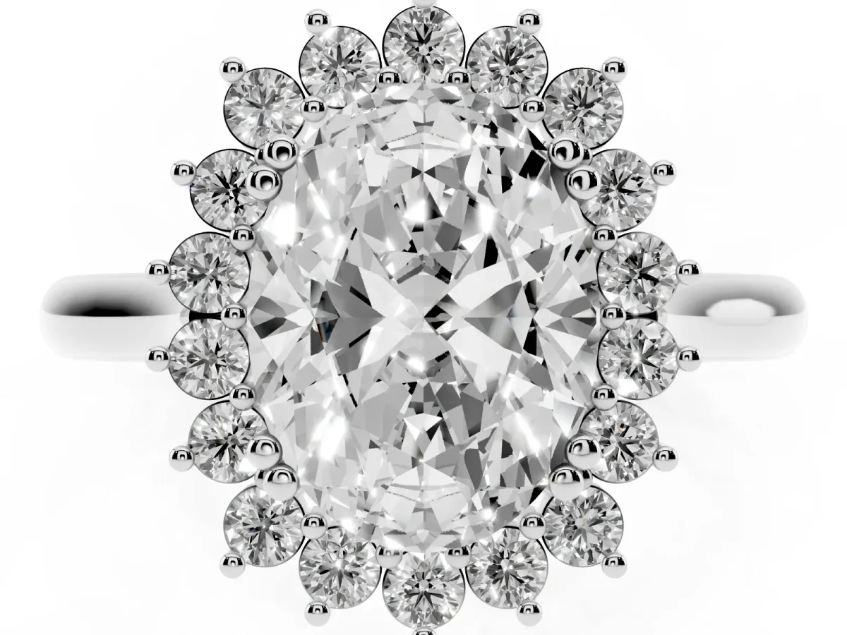 Oval Cut Cut Diamond Halo Ring with Solitaire Band and Prong Setting Silver