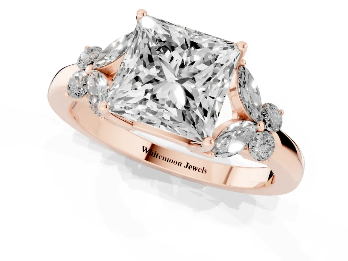 Princess Cut Cut Solitaire Floral Diamond Ring with Four-Prong Setting Rose gold