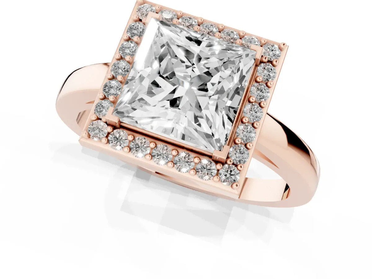 Princess Cut Halo Diamond Ring with Solitaire Band and Prong Setting Rose gold