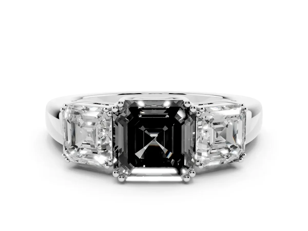 Fancy Black Three-Stone Asscher Cut Cut Diamond Ring with Channel Set Band and Four-Prong Setting Platinum